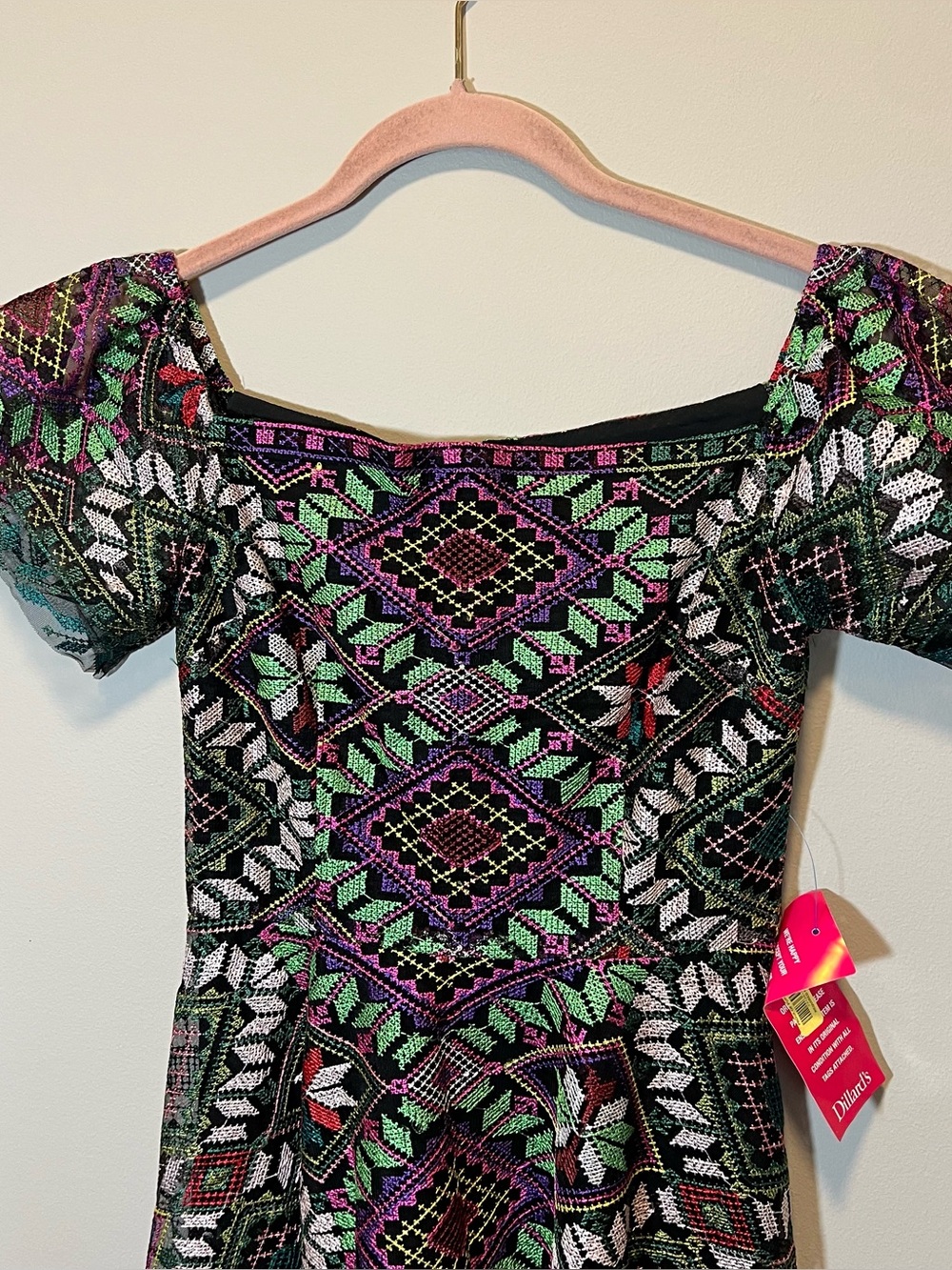 Alex Marie Veronica Embroidered Dress Black Purple Square Neck Asymmetrical Hem - Picture 3 of 11
